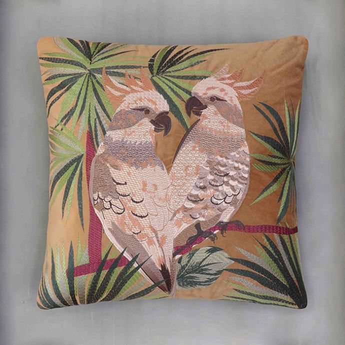 Bagh Parrot Embroidered Cushion Cover - Beige