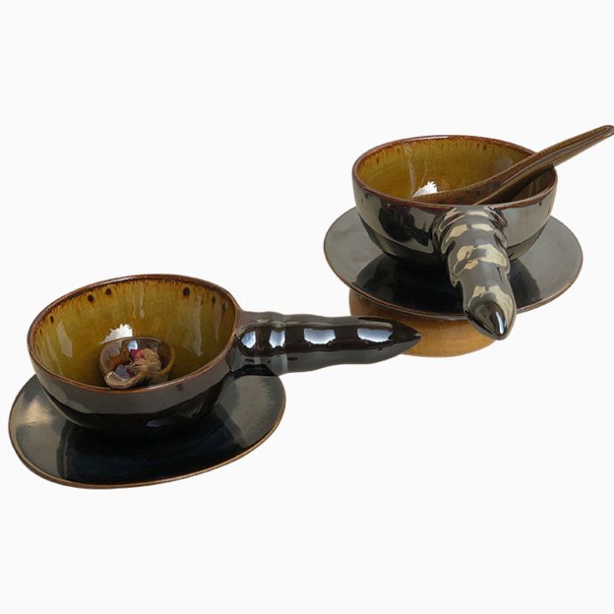  Pagoda Handle Soup Cups and Spoons - Set Of 2