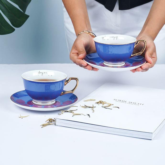 Limited Edition Royal Blue Indian Motif, New Fine Porcelain Cups And Saucers Set